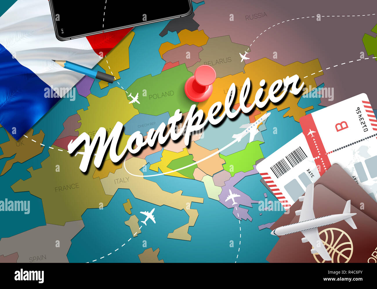 Montpellier Stadt Reisen und Tourismus Ziel Konzept. Flagge Frankreich und Montpellier Ort auf der Karte zeigen. France Travel Concept Map Hintergrund. Tickets Ebenen Stockfoto