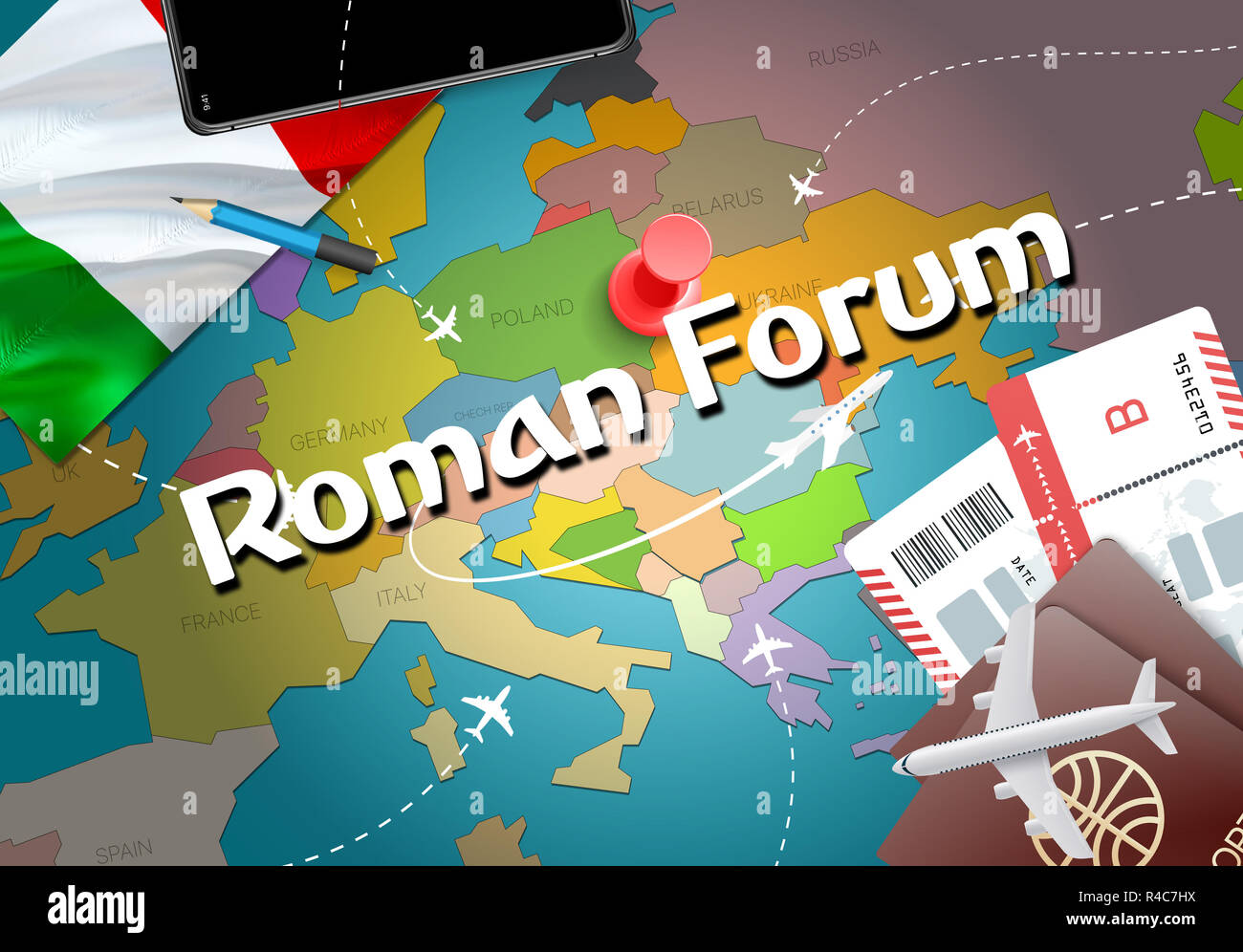 Forum Romanum Stadt Reisen und Tourismus Ziel Konzept. Italien Flagge und Forum Romanum Ort auf der Karte zeigen. Italien Travel Concept Map Hintergrund. Tickets Ebenen a Stockfoto