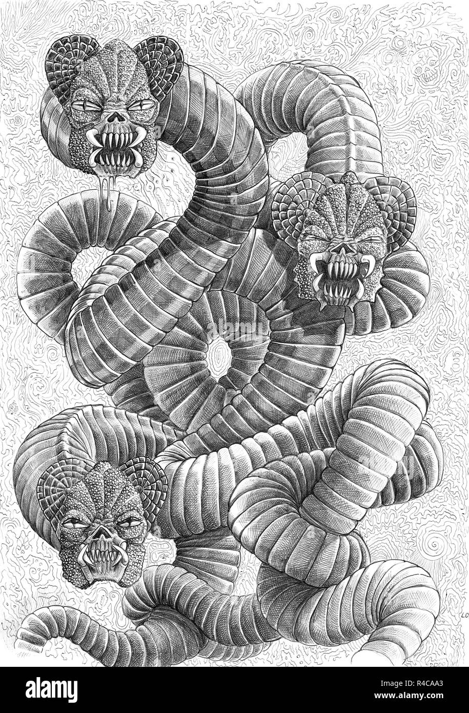 Vielköpfigen Hydra. Mystische Monster. Tier Zeichnung. Stockfoto