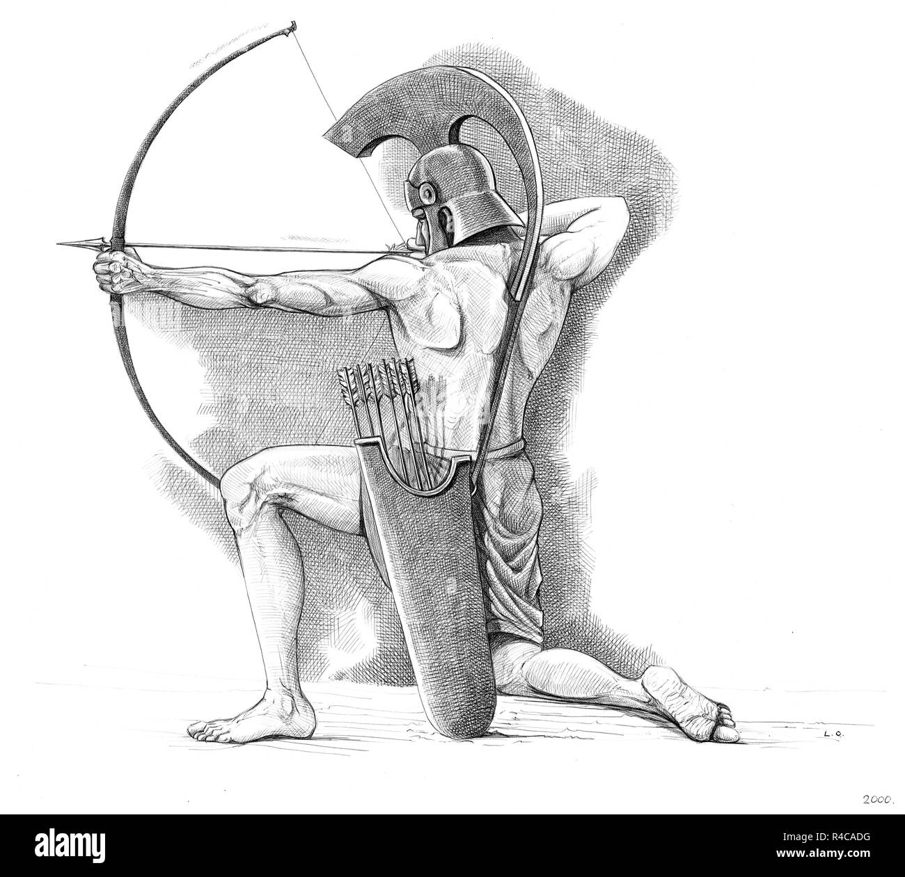 Griechische Hoplit-Illustration. Antiker Bogenschütze. Alte Gravur. Stockfoto