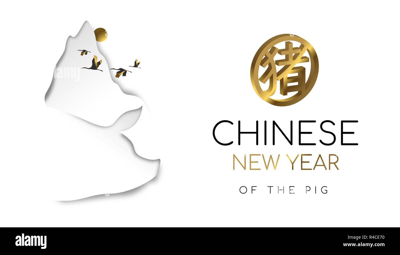 Chinesisches Neujahr 2019 moderne Grußkarte Abbildung mit Gold asiatischen Vögeln und Berglandschaft in 3d Schichten Papier. Mit Kalligraphie symbol Stock Vektor