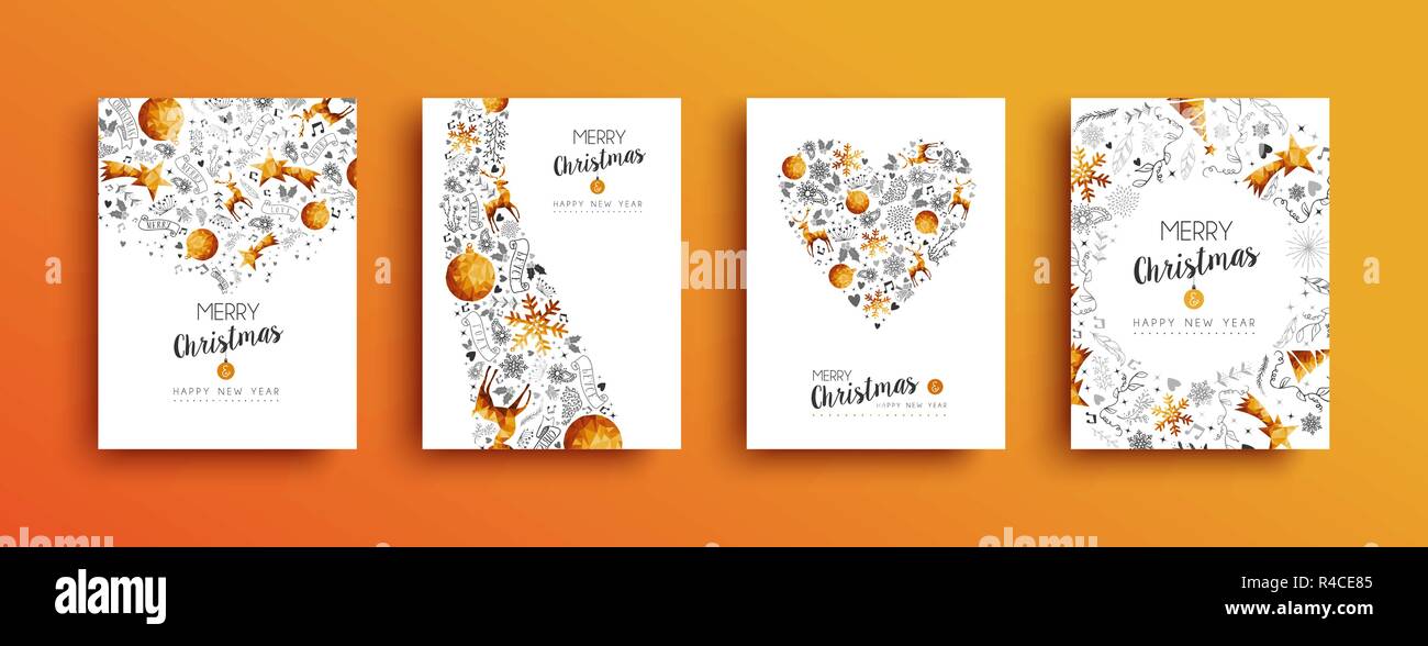 Frohe Weihnachten Grußkarten-Kollektion mit Frohes neues Jahr Urlaub Nachricht und gold Luxus xmas Aufhänger Dekoration. Mit Rentier, Pinie, s Stock Vektor