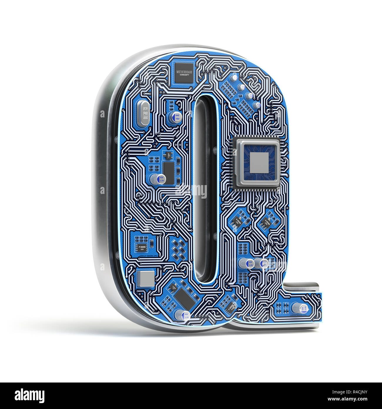 Buchstaben Q. Alphabet in Platine Stil. Digitale Hi-tech Brief isoliert auf Weiss. 3D-Darstellung Stockfoto
