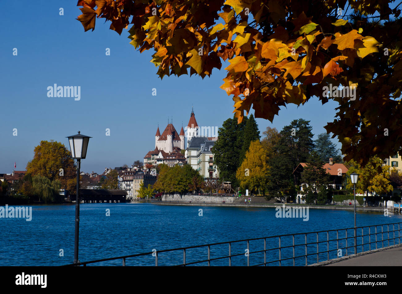 Schloss und die historische Stadt Thun auf der Aare, Herbst, Schweiz Stockfoto