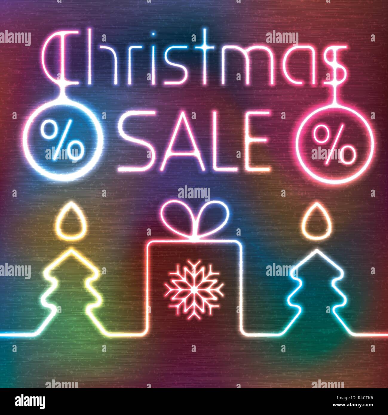 Vektor leuchtende Symbol der Geschenkbox, Weihnachten Tannenbaum als Kerze, hängende Weihnachtskugeln und Weihnachten Verkauf Worte. Neon Verkauf Tag scheint auf dunklen Colorfu Stock Vektor