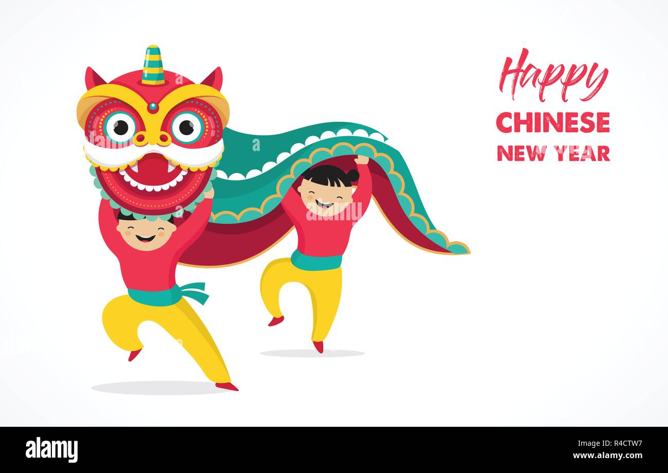 Das chinesische Neujahr Hintergrund, Grußkarte mit einem Löwen Tanz, roter Drache Charakter Stock Vektor