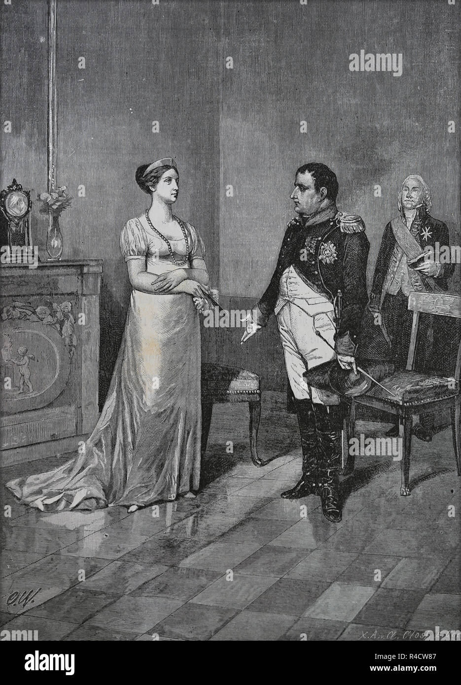 Treffen zwischen Napoleon Bonaparte und Königin Louisa von Preußen, Tilsit. Vom 6. Juli 1807. Gravur, 19. Stockfoto