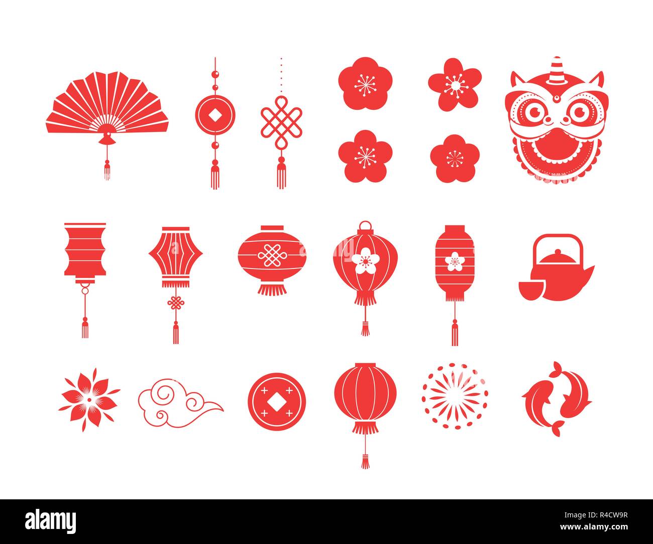 Chinesisches Neues Jahr rote Symbole und Icons Sammlung Stock Vektor