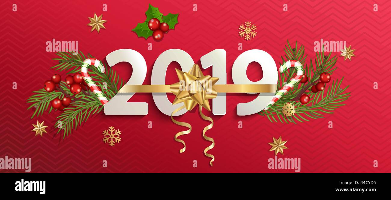 2019 Neues Jahr Banner mit Gold Bug auf rotem Hintergrund mit traditionellen Elementen - Candy Cane, Weihnachtsbaum, Zweige, Schneeflocken, Mistel. Perfekt für Flyer, Karten, Poster. Vector Illustration. Stock Vektor