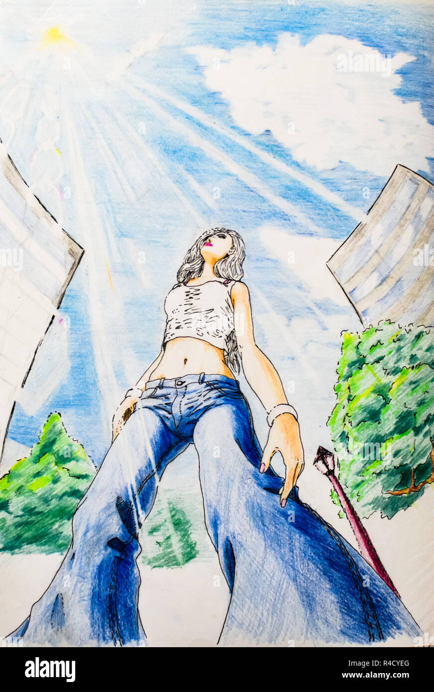 Zeichnen mit Bleistift, einem Mädchen, das bei schönem Wetter Spaziergänge  um die Stadt herum, die Ansicht von unterhalb der womans Beine. Jeans und  T-Shirt auf das Mädchen Stockfotografie - Alamy