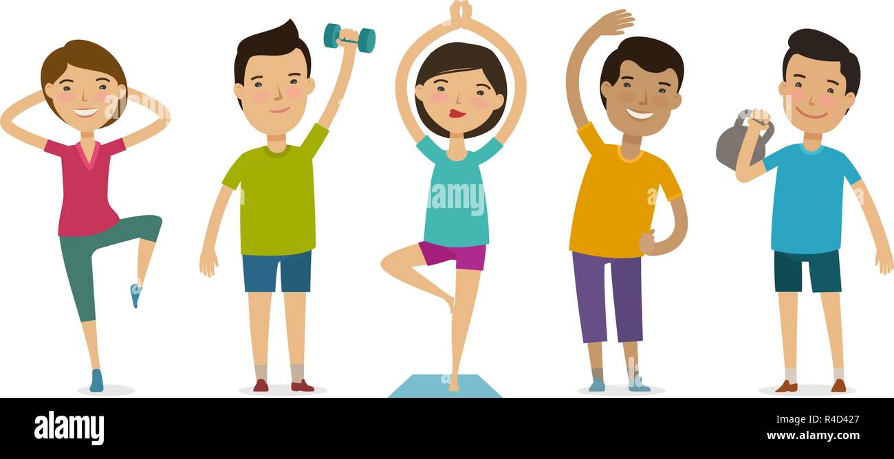 Leute im Sport beteiligt. Fitness, Gymnastik, gesunden Lebensstil Konzept. Lustige cartoon Vector Illustration Stock Vektor