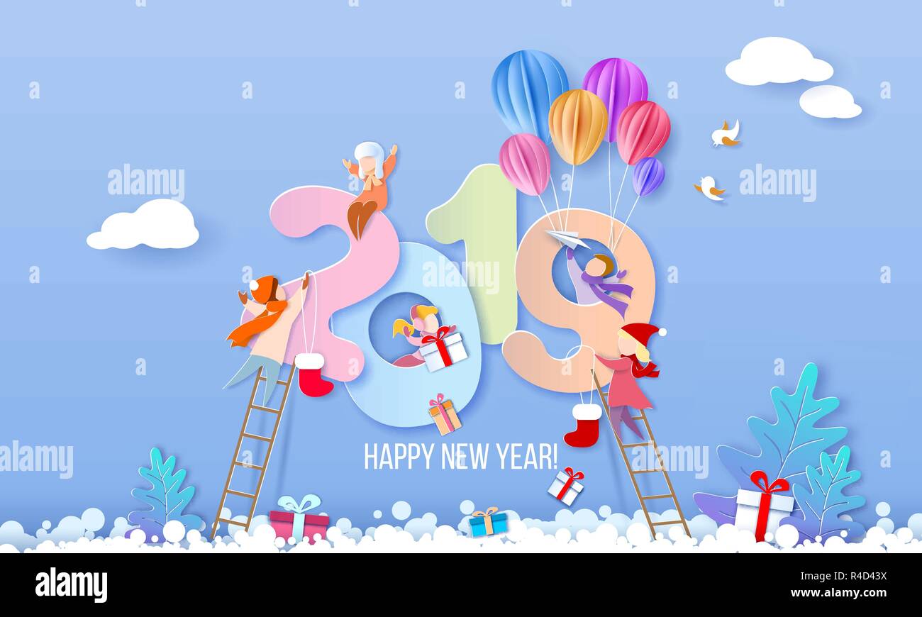 2019 Neues Jahr design Karte mit Kindern auf blauer Winter Hintergrund. Vector Illustration. Papier geschnitten und Handwerk Stil. Stock Vektor