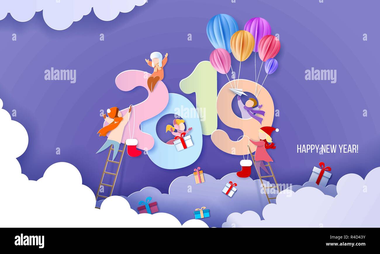 2019 Neues Jahr design Karte mit Kindern auf lila Hintergrund. Vector Illustration. Papier geschnitten und Handwerk Stil. Stock Vektor