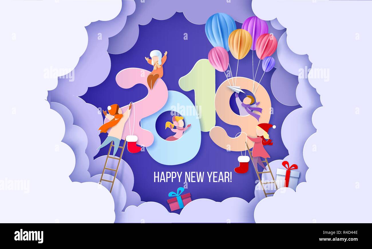 2019 Neues Jahr design Karte mit Kindern auf lila Hintergrund. Vector Illustration. Papier geschnitten und Handwerk Stil. Stock Vektor