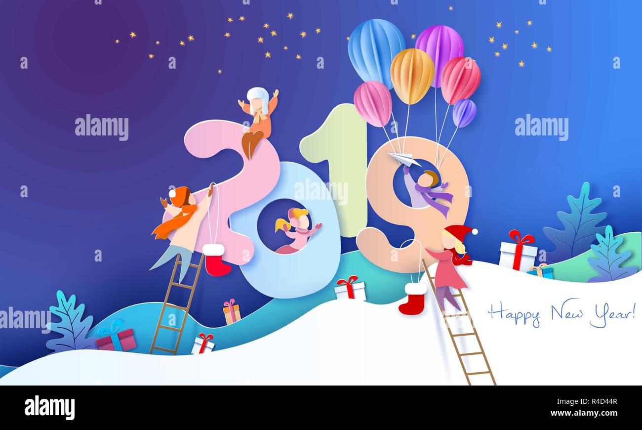 2019 Neues Jahr design Karte mit Kindern auf lila Hintergrund. Vector Illustration. Papier geschnitten und Handwerk Stil. Stock Vektor
