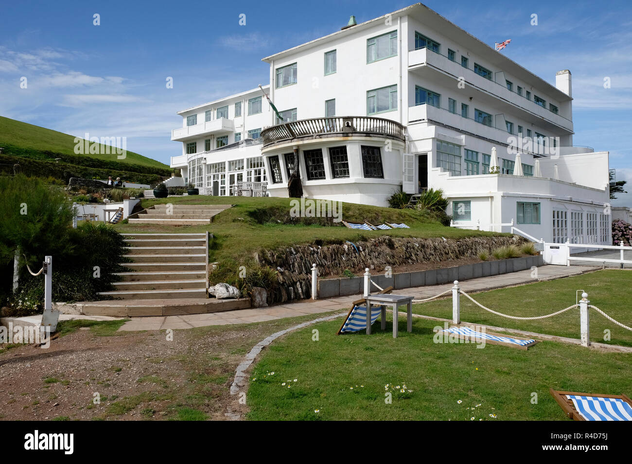 Außenaufnahmen des Art déco-Hotel auf Burgh Island, Bigbury-on-Sea, Devon. Stockfoto
