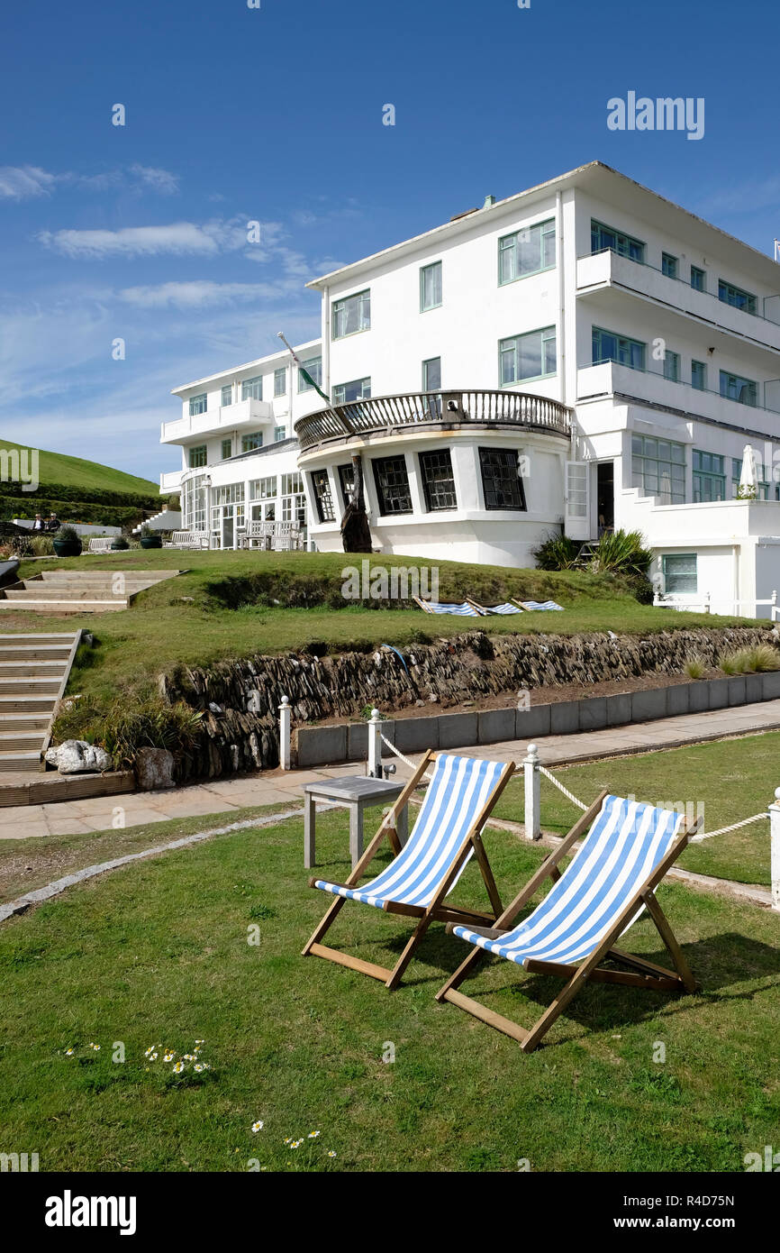 Außenaufnahmen des Art déco-Hotel auf Burgh Island, Bigbury-on-Sea, Devon. Stockfoto