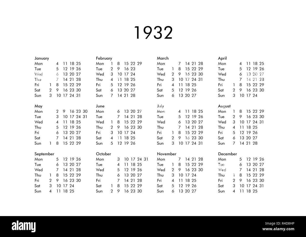 Tagungskalender für das Jahr 1932 Stockfoto