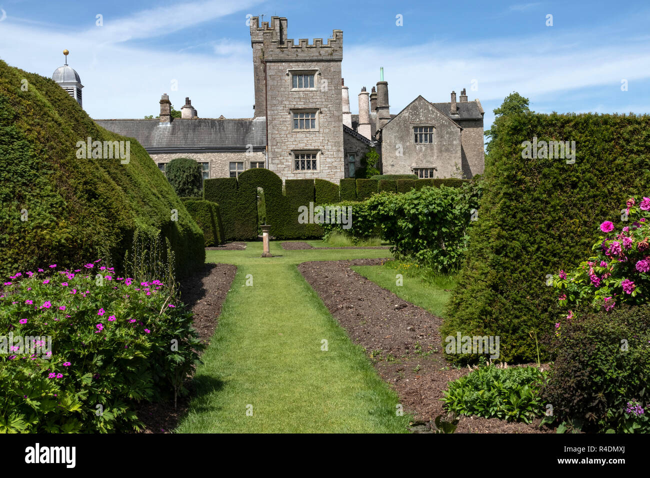 Formgehölze in Levens Hall & Gardens, Cumbria, englischen Lake District, Großbritannien Stockfoto