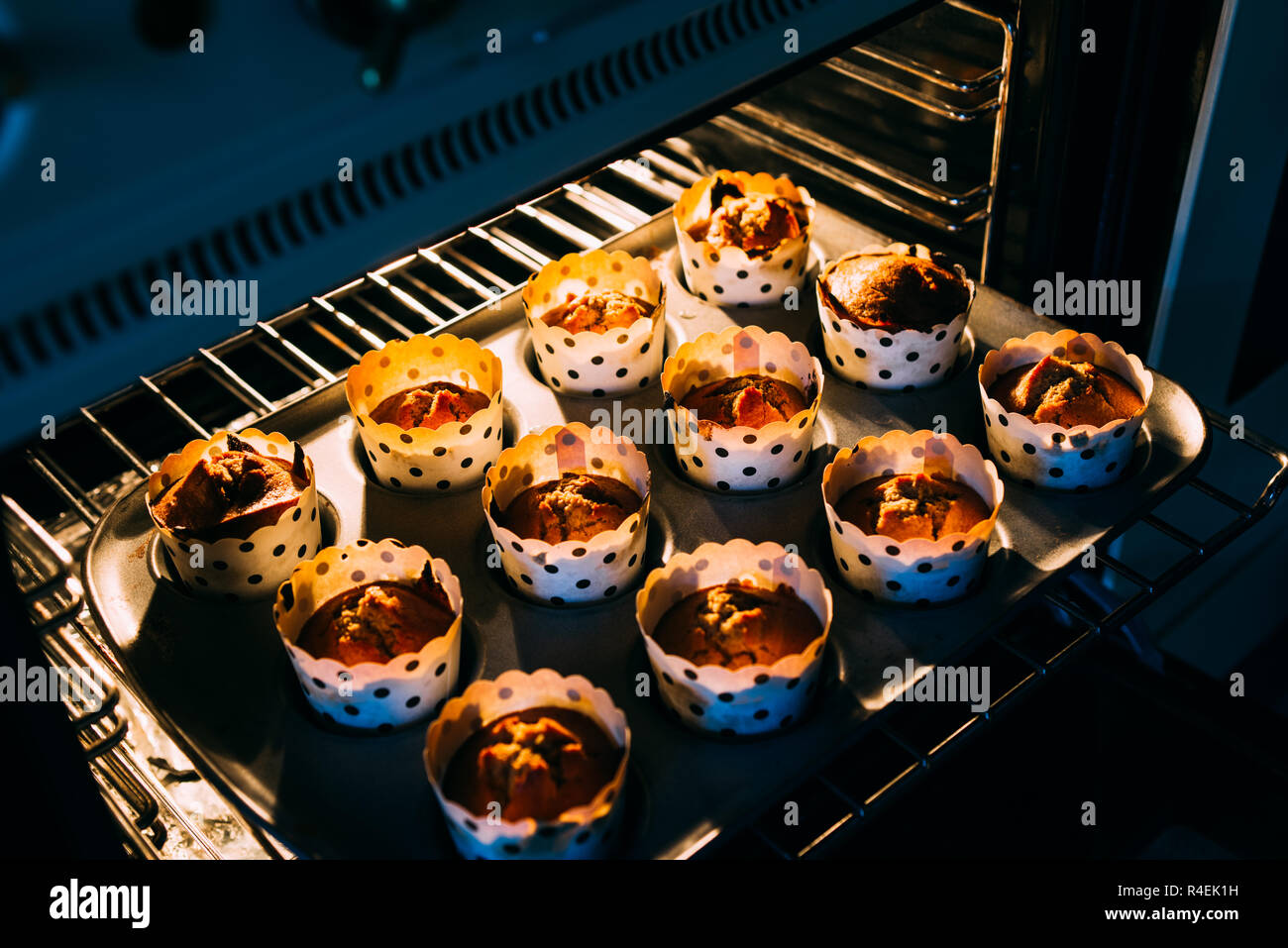 Warme Muffins aus dem Ofen genommen Stockfoto