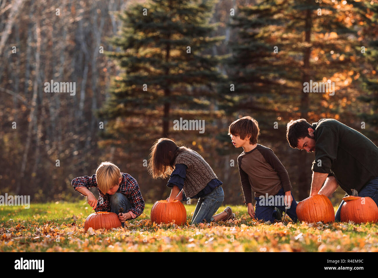 Vater und drei Kinder schnitzen Halloween Kürbisse im Garten, United States Stockfoto