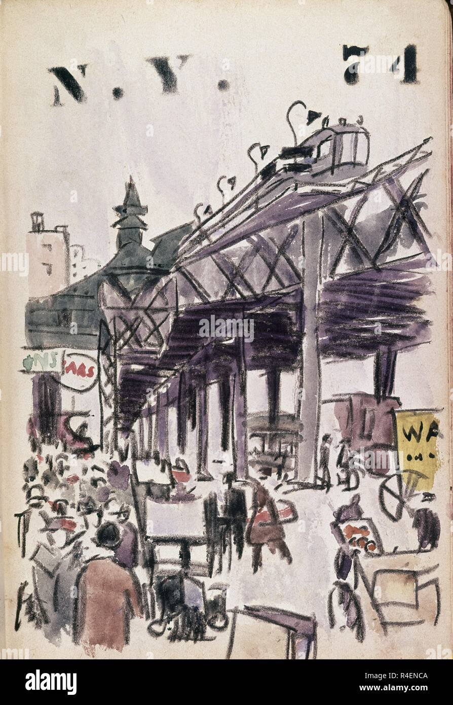 SERIE DIBUJOS DE NUEVA YORK AÑOS 20 - AVENIDA CON TRANSEUNTES Y METRO - SIGLO XX. Standort: Private Collection. Barcelona. Spanien. Stockfoto