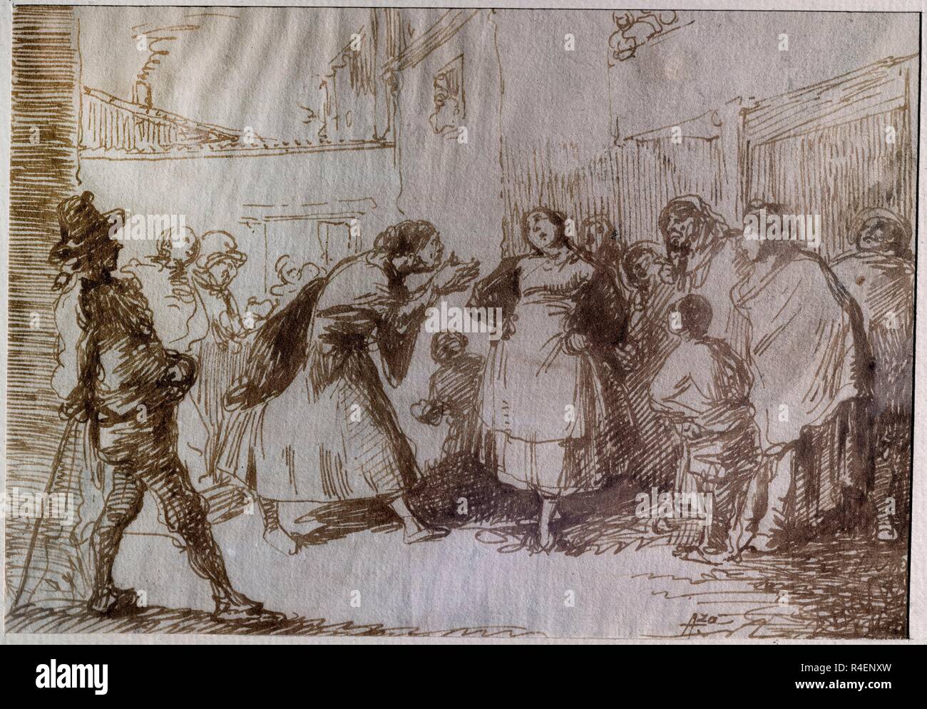 LA VIEJA Y LA MOZA DE JARRAS SIGLO XIX - DIBUJO ein PLUMA Y AGUADA - PAPEL - 120 x 175 mm. Autor: Alenza, Leonardo. Standort: Private Collection. MADRID. Spanien. Stockfoto