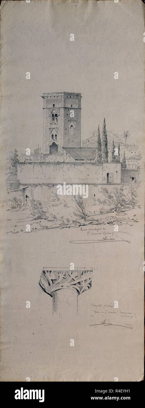 TORRE MUDEJAR DE SAN MARCOS DE SEVILLA Y CAPITEL MUDEJAR DE LA IGLESIA DE SANTA MARIA (SANLUCAR LA MAYOR) - 1865 - DIBUJO. Thema: DIAZ GUMERSINDO. Standort: Private Collection. Spanien. Stockfoto