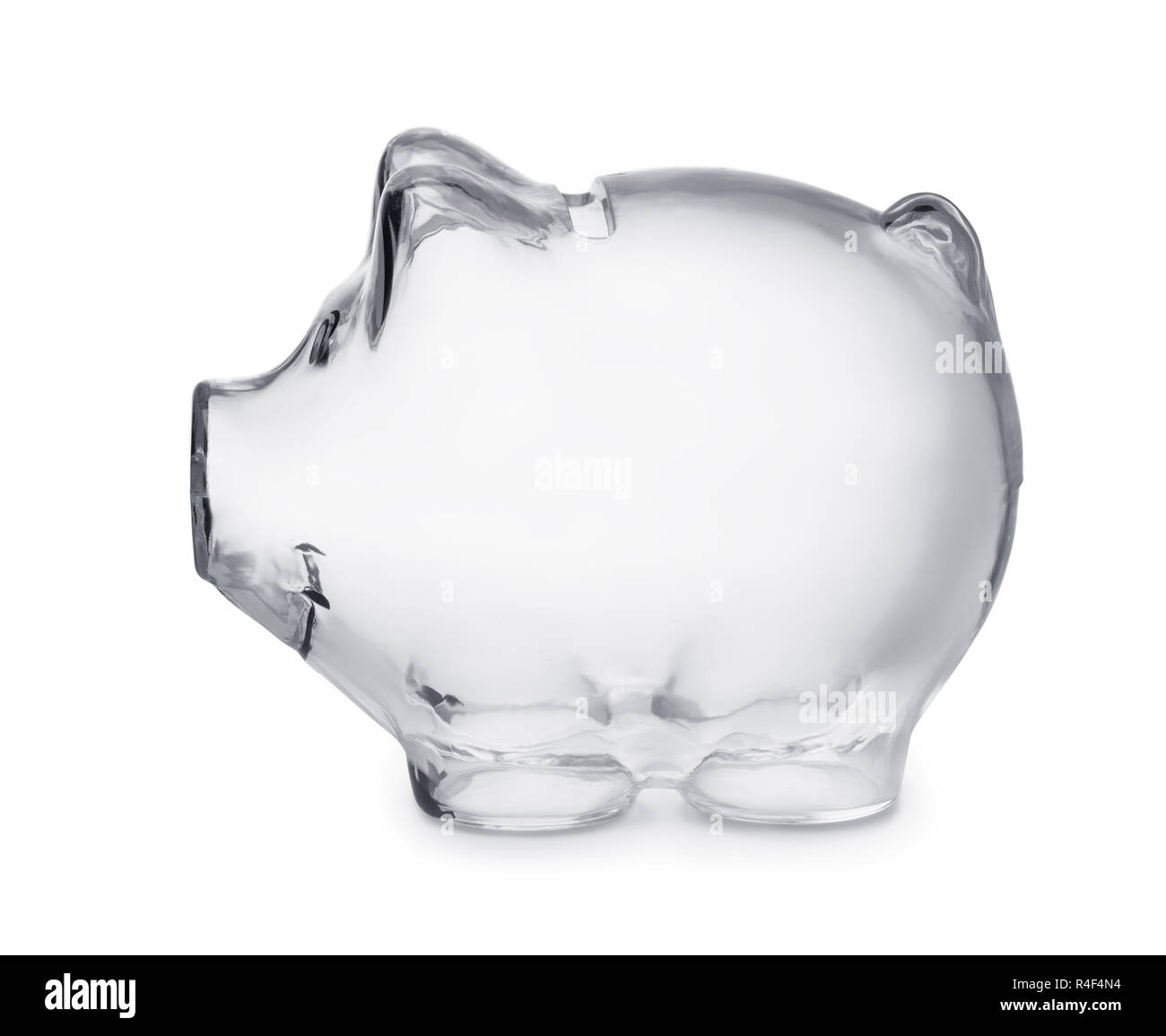 Seitliche Sicht auf Leere transparente Sparschwein isoliert auf weißem Stockfoto