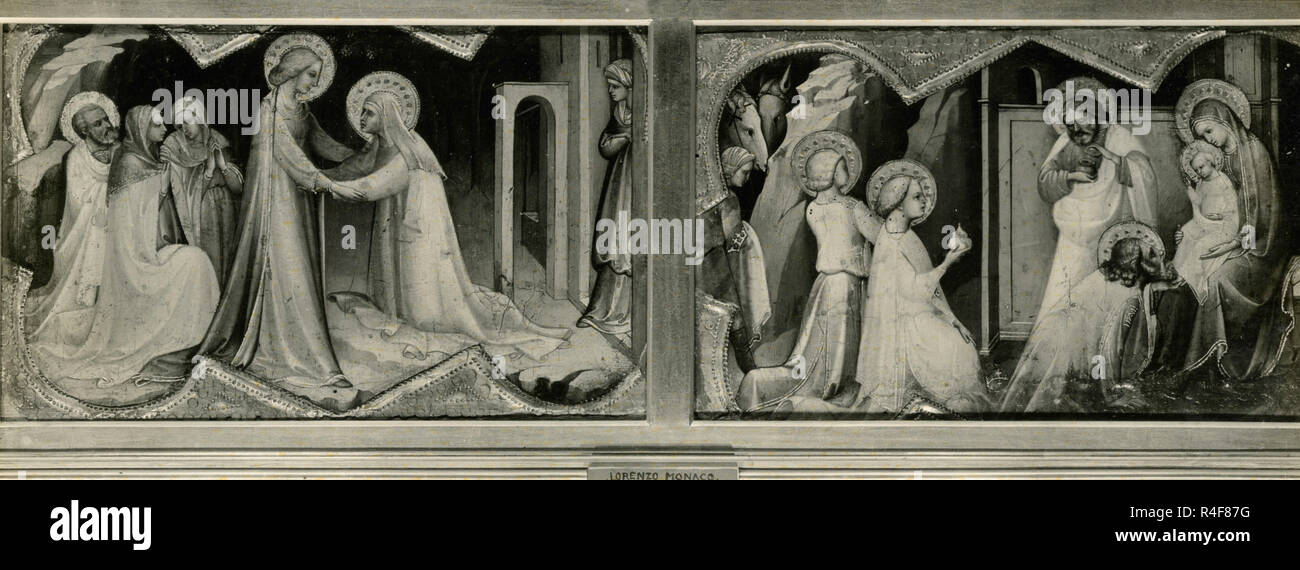 Zwei Predellentafeln: Die Anbetung der Magier; der Visitation, Gemälde von Lorenzo Monaco Stockfoto