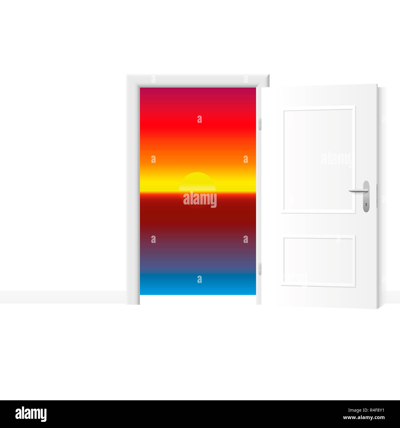 Weiße Tür mit bunten, leuchtenden, Glühen, wunderschöne Sonnenuntergang geöffnet. Helle weiße Zimmer mit Zugang zum Meer. Stockfoto