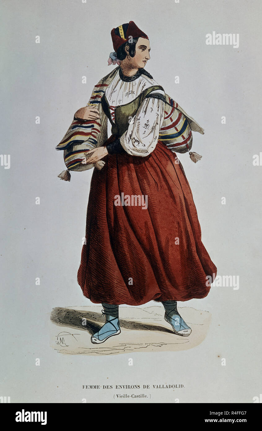 GRABADO MUJER DE LOS ALREDEDORES DE VALLADOLID (Castilla la Vieja). Standort: Private Collection. Frankreich. Stockfoto