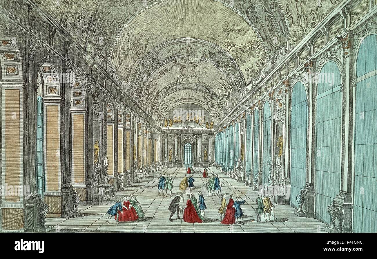 GRAN GALERIA O GALERIA DE LOS ESPEJOS DEL PALACIO DE VERSALLES - GRABADO Siglo XVIII. Standort: Private Collection. Stockfoto GRAN GALERIA O GALERIA DE LOS ESPEJOS DEL PALACIO DE VERSALLES - GRABADO Siglo XVIII. Standort: Private Collection. Stockfoto