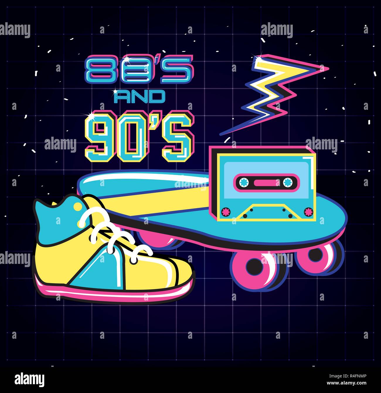 Skateboard Mit Ikonen Der 80er Und 90er Jahre Retro Vektor Illustration Design Stock Vektorgrafik Alamy