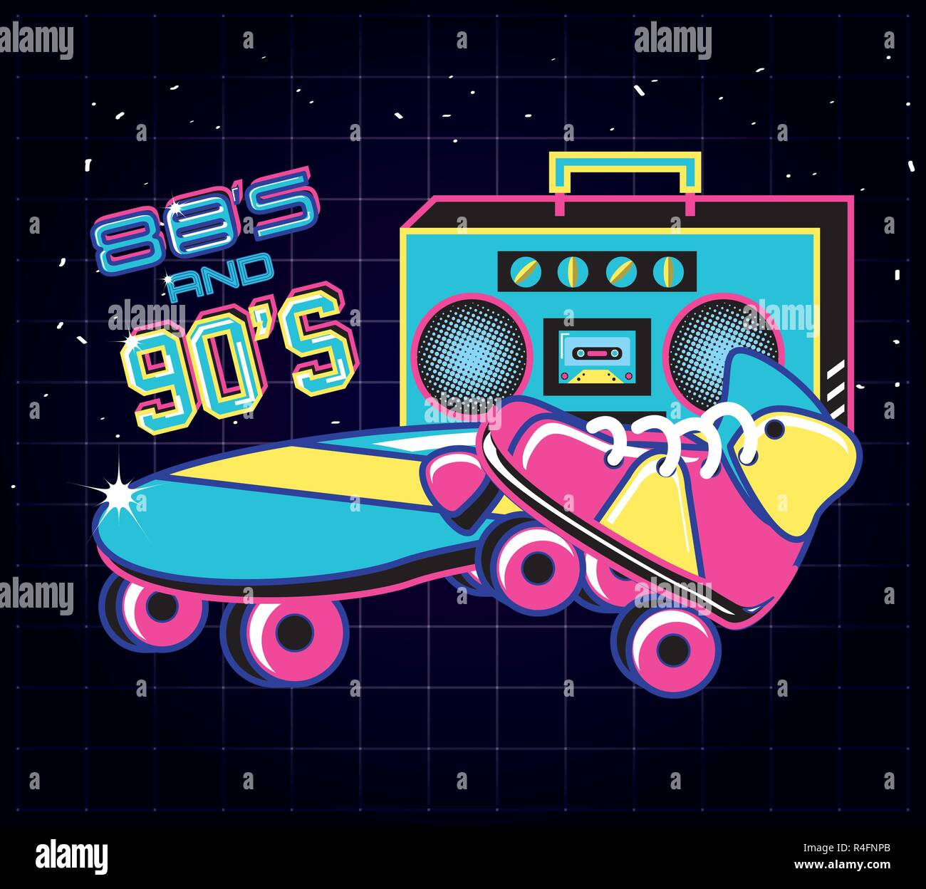 Skateboard Mit Ikonen Der 80er Und 90er Jahre Retro Vektor Illustration Design Stock Vektorgrafik Alamy