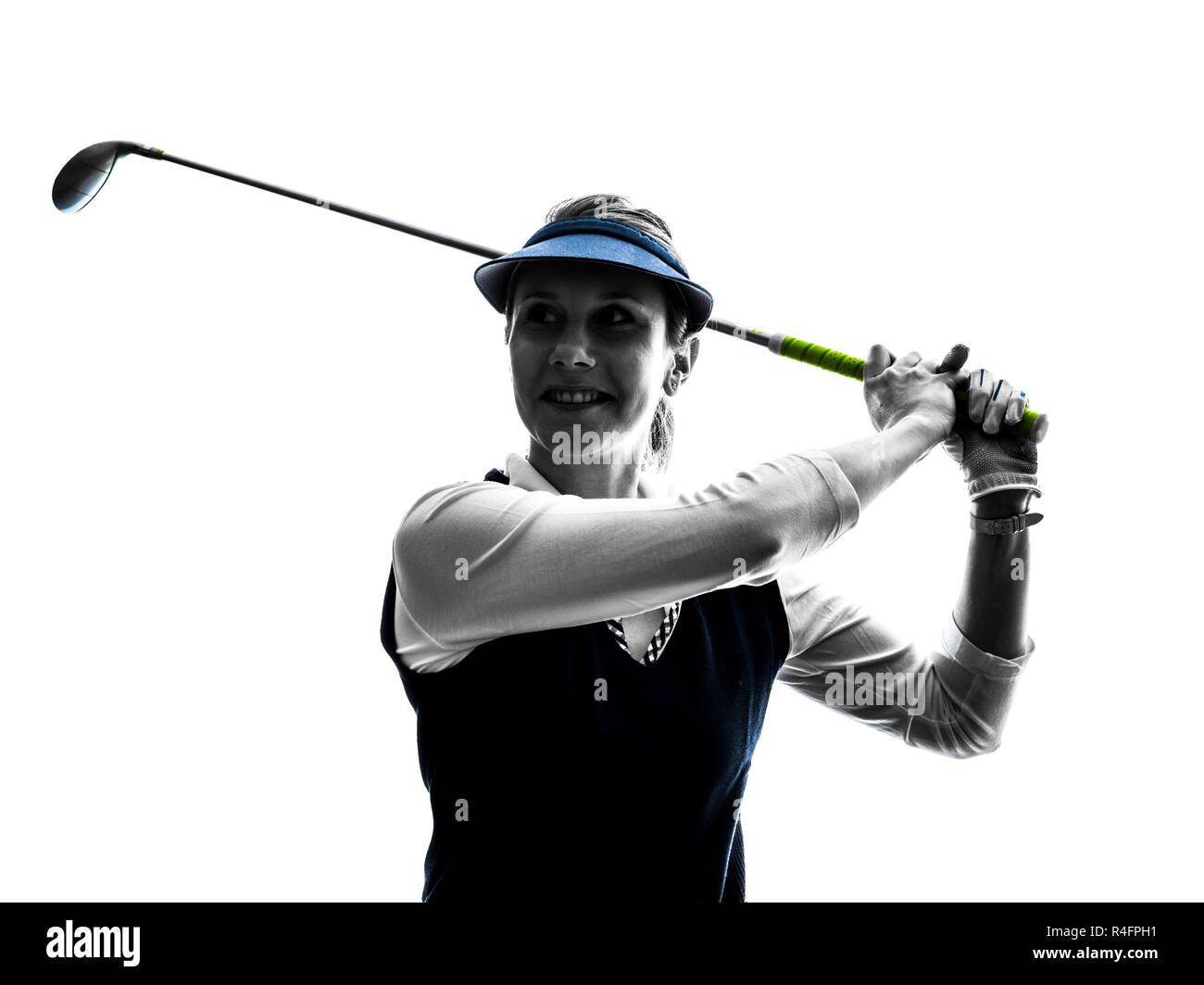 Frau Golfer Golf Silhouette auf weißem Hintergrund Stockfoto