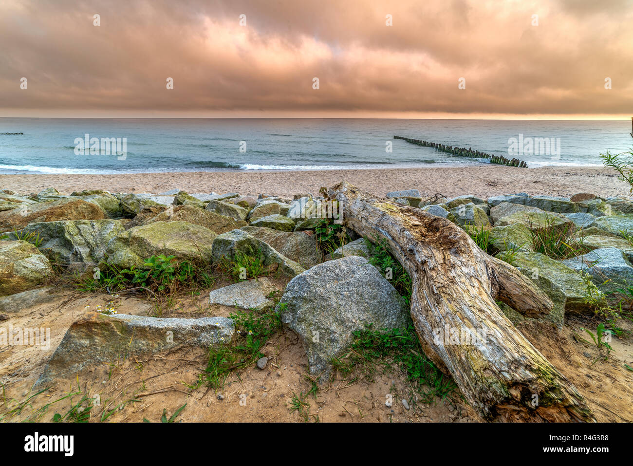 Landschaft am Meer, Holz, Steine, Sand, Wellen. orange bewölkter Himmel Stockfoto