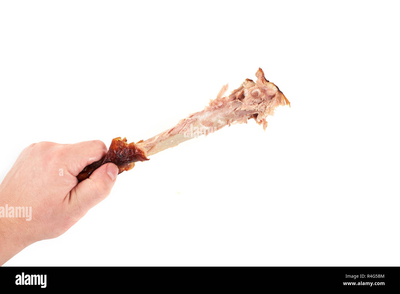 Hand mit einem Knabberte Hühnerbein, auf weißem Hintergrund Stockfoto