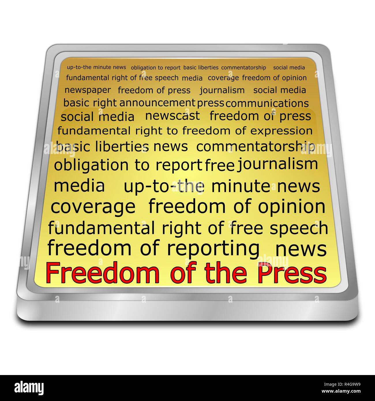 Goldene Freiheit der Presse wordcloud Button - 3D-Darstellung Stockfoto