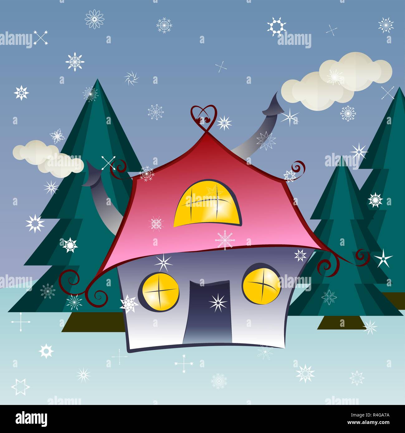 Haus in Schneefall. Weihnachten Grußkarte Hintergrund Poster. Vector Illustration. Stock Vektor