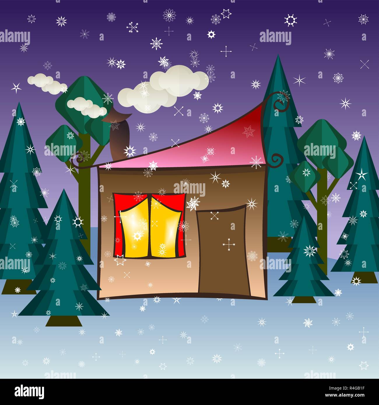 Haus in Schneefall. Weihnachten Grußkarte Hintergrund Poster. Vector Illustration. Stock Vektor