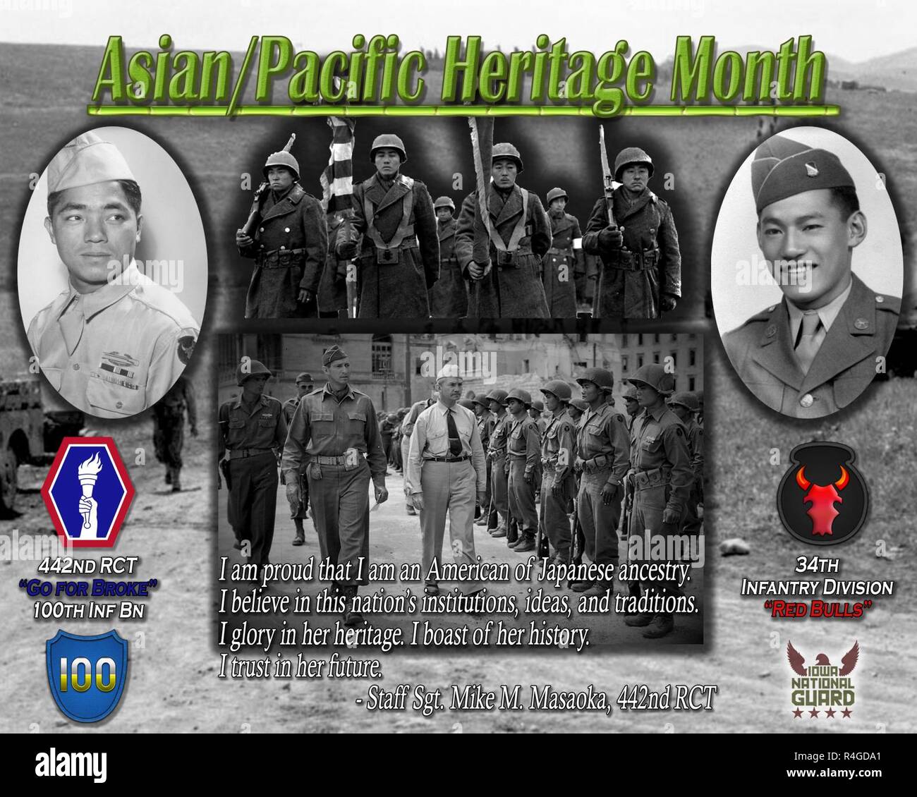 Zu Ehren des Asia/Pacific American Heritage Month, Iowa National Guard kann nie vergessen, die enorme Beiträge von der 442nd Regimental Combat Team und der 100. Infanterie-Bataillon zur Unterstützung von Iowa besitzen 34. Infanterie-Division während der italienischen Kampagne des zweiten Weltkriegs. Wissen Sie mit dem 442nd Motto "Go For Broke" und der 100. als "Purple Heart-Bataillon", ihre Handlungen eine stolze Ahnenerbe und sehr stolz auf Amerika zu festigen. Stockfoto