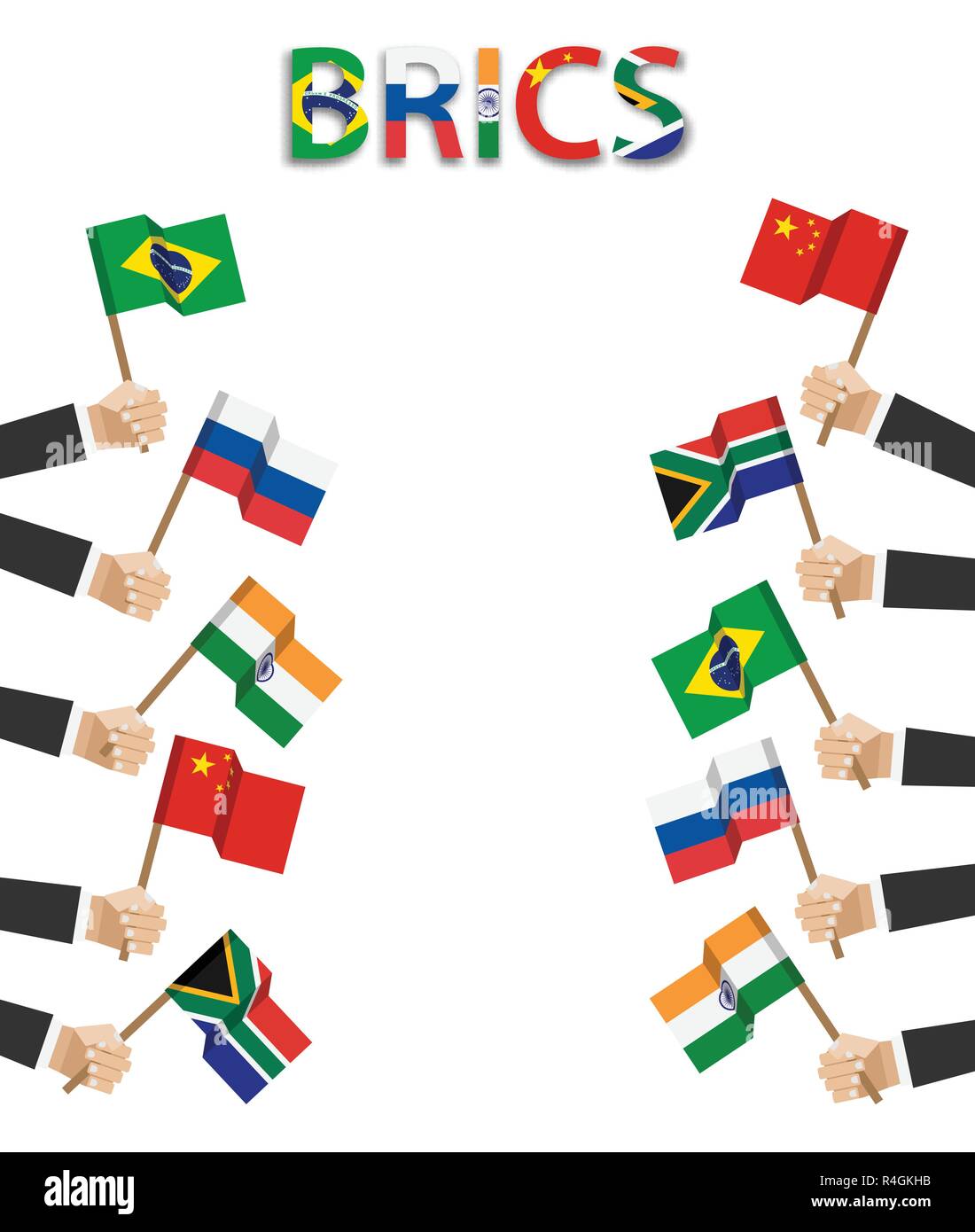 BRICS. Vereinigung der 5 Länder (Brasilien, Russland und Indien. China, Südafrika). Geschäftsmann Hand halten und Wave Flagge an der Grenze Seite der Kante ima Stock Vektor