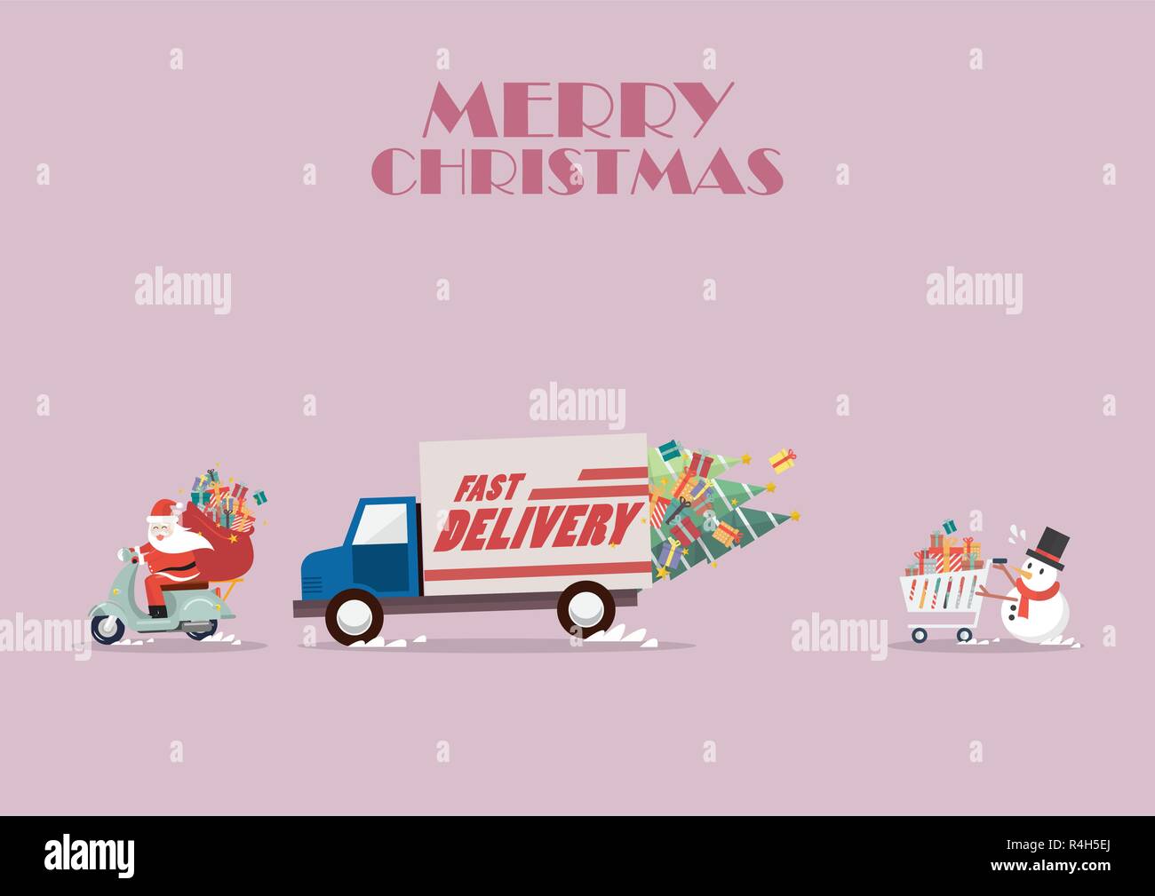 Santa claus fahren mit dem Motorrad nach per Lkw und Schneemann drücken Sie einen Warenkorb. Weihnachten Delivery Service Vector Illustration Stock Vektor