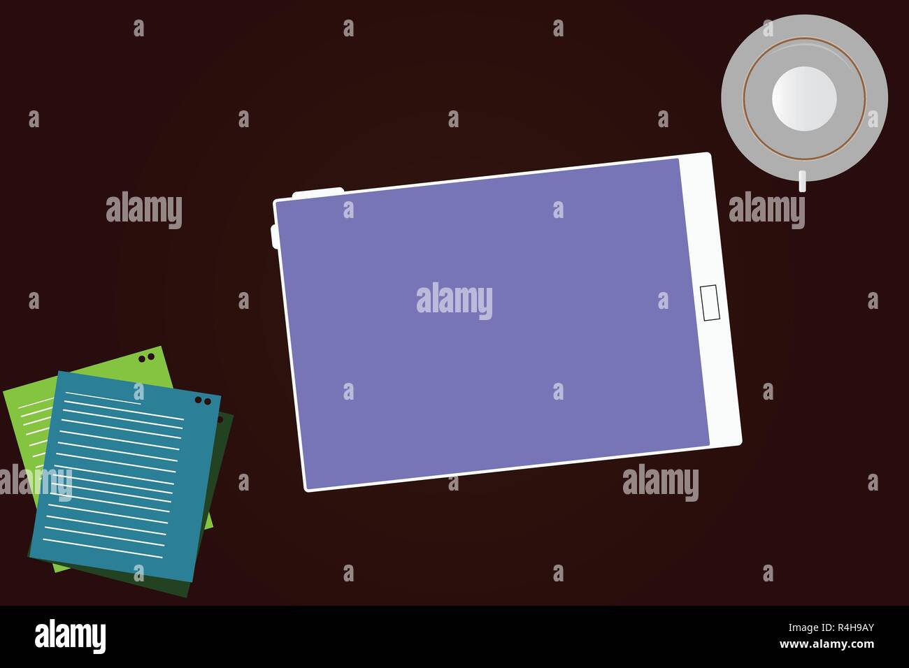 Business leere Vorlage für das Layout für die Einladung Grußkarte promotion Poster Gutschein. Tablet leeren Bildschirm Tasse Untertasse und Füller Blätter auf Leere Co Stock Vektor