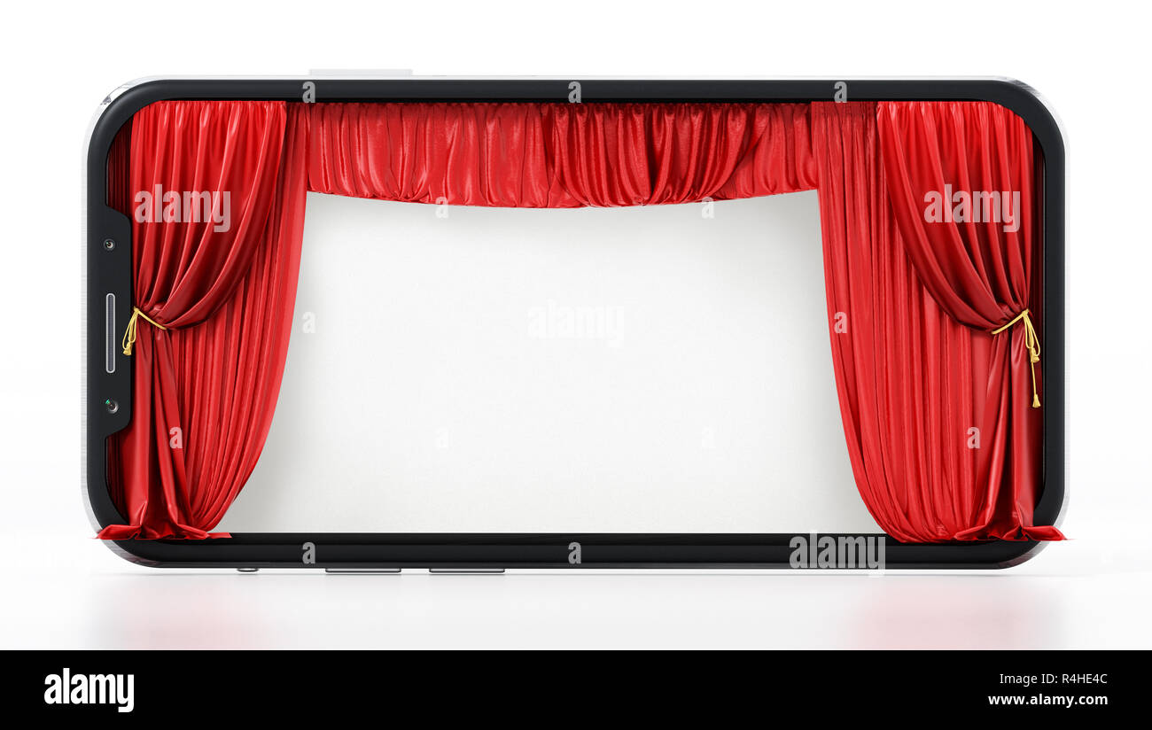 Theater Vorhang auf Bildschirm des Smartphones. 3D-Darstellung. Stockfoto