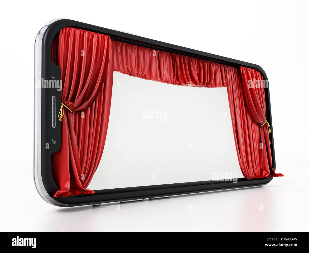 Theater Vorhang auf Bildschirm des Smartphones. 3D-Darstellung. Stockfoto