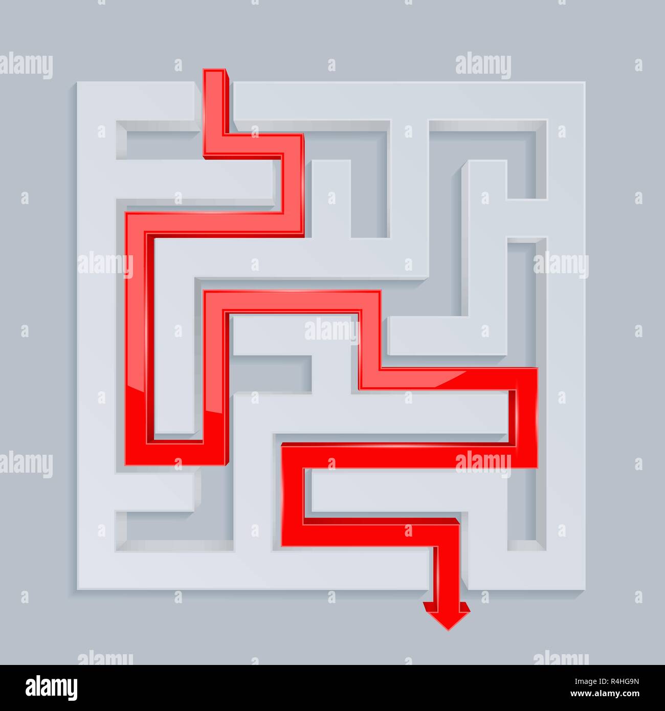 3D-Labyrinth mit Roter Pfad. Ansicht von oben Stock Vektor