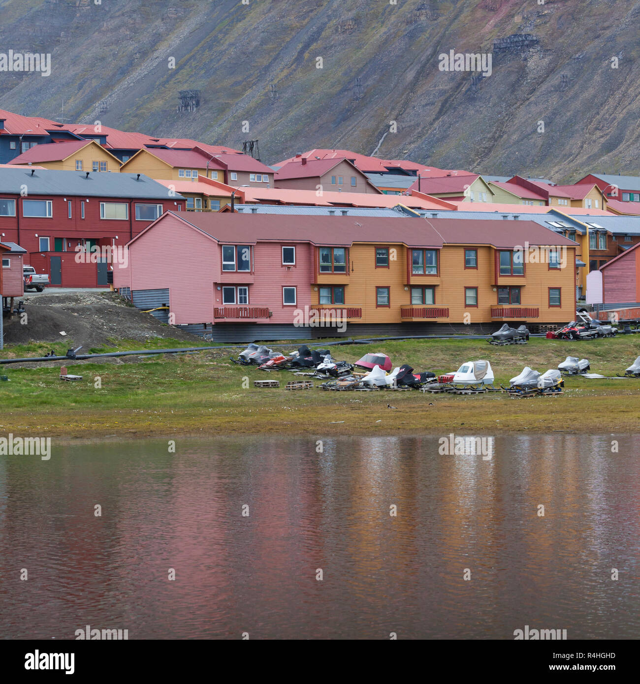 Idyllische Aussicht, bunte Häuser und grünes Feld mit arktischen Blumen vor dem Hintergrund des dramatischen Himmel und kargen Berg in Longyearbyen, Spitzbergen (Svalbard), Norwegen, Europa Stockfoto