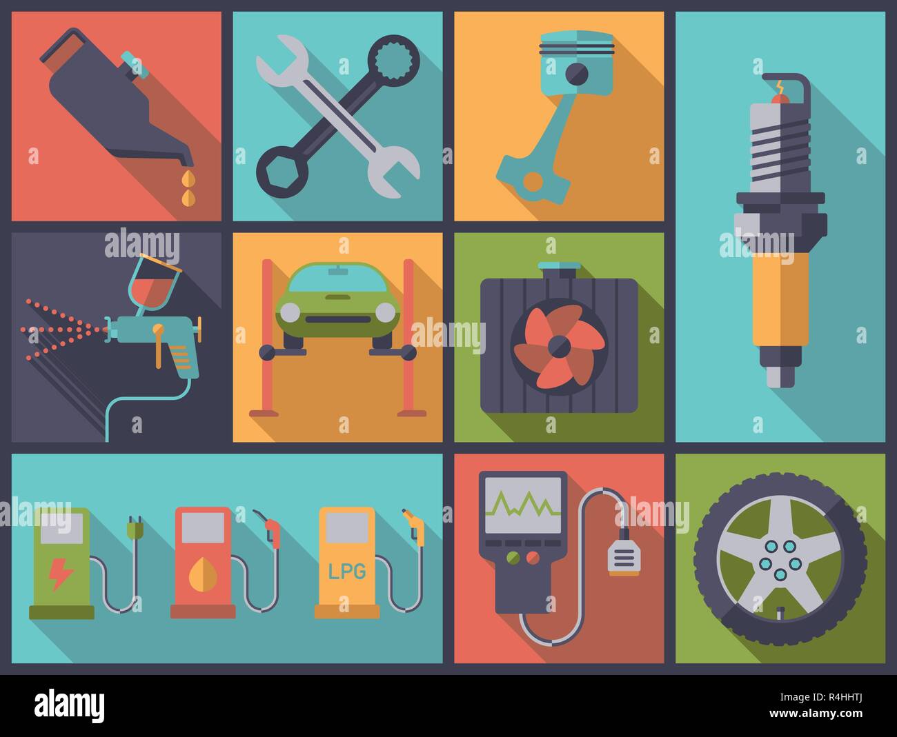Horizontalen flachen Design Illustration mit Auto Service und Reparatur Symbole Stock Vektor